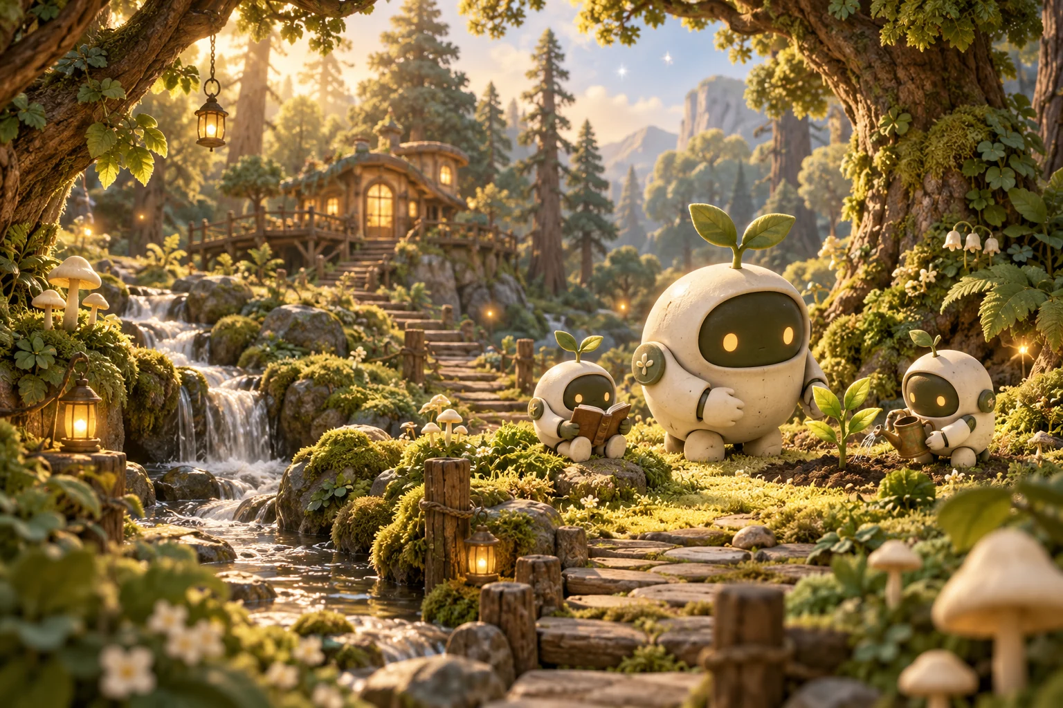 Three small sprout-topped AI robots reading, exploring and tending a plant in a warm, mossy forest.